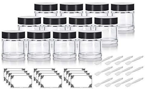 Clear 1 oz Thick Wall Glass Straight Sided Jar (12 Pack) + Spatulas and Labels - Airtight, Smell Proof, BPA Free Lids