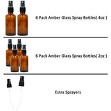12 Pack Empty Amber Glass Spray Bottles, 6 Pack 4oz and 6 Pack 2oz Refillable Containers for Essential Oils, Cleaning Products, Aromatherapy, Durable Black Trigger Sprayer Fine Mist and Stream