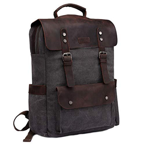 Leather Laptop Backpack,VASCHY Casual Canvas Campus School Rucksack with 15.6 inch Laptop Compartment