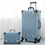 NZBZ Travel Vintage Trunk Luggage Set with Spinner Wheels Cute Retro Suitcase for Women, 2 Pieces (Embroidered Flowers Dark Blue Set, 26"+12")