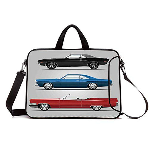 15" Neoprene Laptop Bag Sleeve with Handle,Adjustable Shoulder Strap & External Side Pocket,Cars,Set of Old Fashion Cars in Seventies Icon Effects USA Theme Art,Red Blue Black