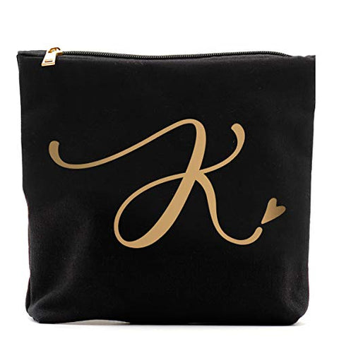 K Initial Monogram Personalized Travel Makeup Bag,Cosmetic Bag Pencil Pouch Gifts with Zipper Black Gold