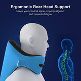 LANGRIA 6-in-1 Memory Foam Neck Support Travel Pillow with Detachable Hood Adjustable Neck Size for All Ages Side Elastic Pocket Neck Travel Cushion for Plane Train Car Bus Office (Blue)