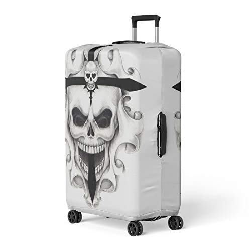 Pinbeam Luggage Cover Drawing Skull Cross Tattoo on Tribal Aggression Aggressive Travel Suitcase