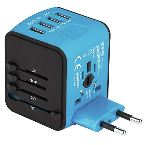 Castries Universal Travel Adapter, All-in-one Worldwide Travel Charger Travel Socket, International Power Adapter with 4 USB Ports, AC Plug for US EU UK AU & Asian Countries, Blue