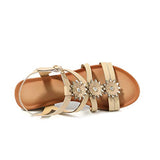 ♡QueenBB♡ Womens Wedge Sandals Summer Rhinestone Bohemian Beaded Ankle Strap Beach Wear Sandal Khaki