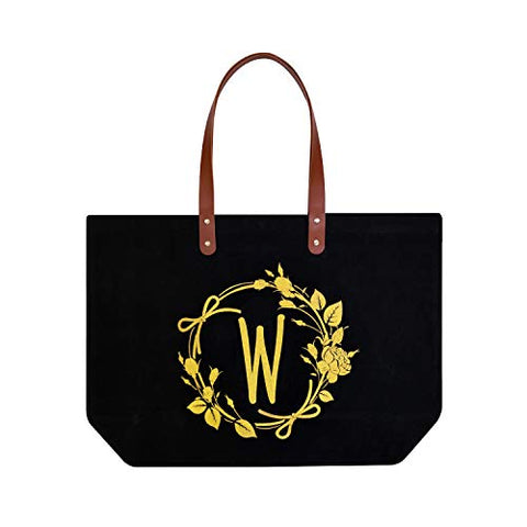 ElegantPark Monogrammed Gifts for Women Personalized Gifts Bag Monogram W Initial Bag Tote for Wedding Bride Bridesmaid Gifts Birthday Gifts Teacher Gifts Bag with Pocket Black Canvas