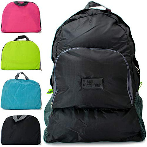 Miami CarryOn Travel Foldable Backpack/Daypack - Folds to a Compact 9 x 7 x 1.5 inches (Very Black)