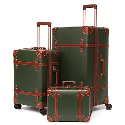 NZBZ Vintage Luggage Sets with Spinner Wheels Cute Carry On Suitcase Tsa Lock Luggage 3 Pieces (Green, 14inch & 20inch & 28inch)
