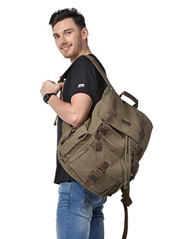 Kattee Men’s Leather Canvas Backpack Large School Bag Travel Rucksack Army Green