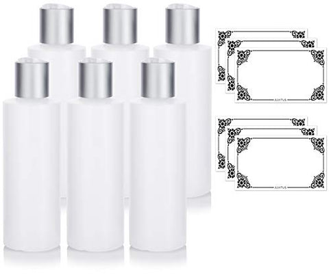 Clear Natural Refillable Plastic Squeeze Bottle with Disc Cap - 6 oz (6 Pack) + Labels