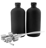 16oz Black Glass Bottles w/Stainless Steel Pumps (2-Pack); Black Coated Boston Round; Lotion, Hand Care & Soap Dispensers