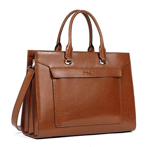 CLUCI Leather Briefcase for Women Vintage Laptop 15.6 Inch Slim Large Business Ladies Work Shoulder Bag Oil Wax Brown