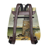 Vintage Lighthouse Painting Women's Genuine Leather Backpack Bookbag School Purse Shoulder Bag
