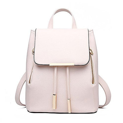 Women Leather Shoulder Bag Travel Camping Backpacks Schoolbags (Beige)