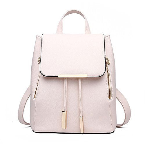 Women Leather Shoulder Bag Travel Camping Backpacks Schoolbags (Beige)