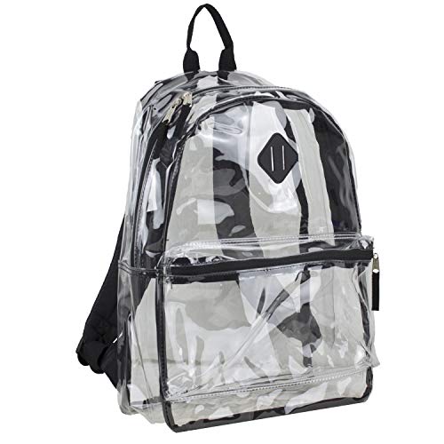 Eastsport Fully Transparent Clear Backpack with Front Pocket, Adjustable Straps and Lash Tab, Black