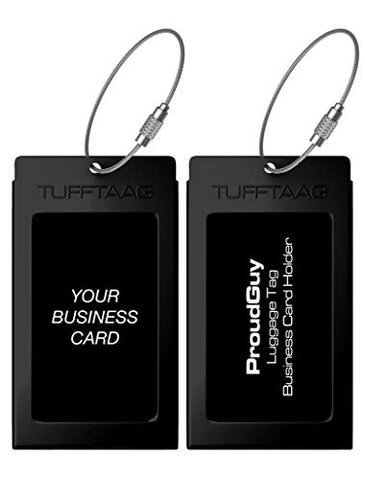 Luggage Tags Business Card Holder TUFFTAAG Travel ID Bag Tag in Many Color Options (2 Tags, Black Steel)