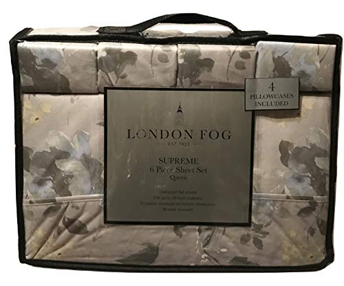 London Fog Floral Grey Blue Pattern Queen Sheet Set, 6 Pieces
