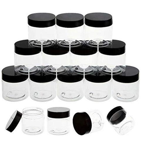 ZEJIA 20 Pack 2oz jars with lids Plastic Round Clear Leak-Proof Container with Black Lid， Inner Liner and Labels for Cosmetic, Powders, Beads Jewelry, Liquids（Black）