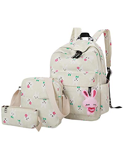 ABage Canvas Backpack Set 3 Pieces Patterned Bookbag Laptop School Backpack, Beige2