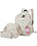ABage Canvas Backpack Set 3 Pieces Patterned Bookbag Laptop School Backpack, Beige2