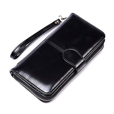 Oil Wax Leather Retro Large Capacity Clutch Bag Multifunction Mobile Phone Bag N (Color - Black)