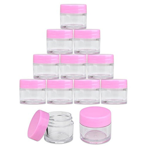 Beauticom High-Graded Quality 7 Grams/7 ML (Quantity: 12 Packs) Thick Wall Crystal Clear Plastic LEAK-PROOF Jars Container with PINK Lids for Cosmetic, Lip Balm, Lip Gloss, Creams, Lotions, Liquids