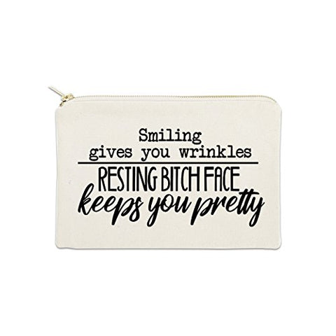 Smiling Gives You Wrinkles 12 oz Cosmetic Makeup Cotton Canvas Bag - (Natural Canvas)