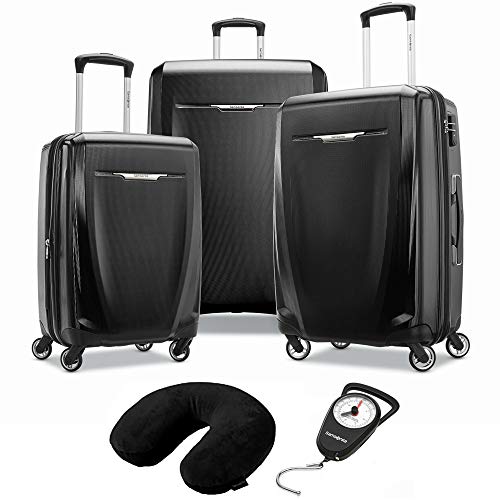 Samsonite Winfield 3 DLX 3 Piece Set Spinner 20/25/28 Black (120751-1041) Manual Luggage Scale & Microbead Neck Pillow Black