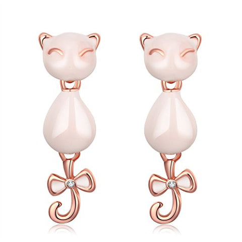 Acxico Cute rose gold Cat with Bow Pave Crystal Stud Earrings for Women and Girls