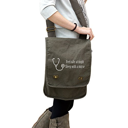 Funny Feel Safe At Night Sleep With A Nurse 14 Oz. Authentic Pigment-Dyed Canvas Field Bag Tote