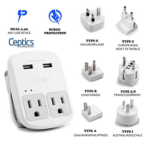 World Travel Adapter Kit by Ceptics - Dual USB + 2 US Outlets, Surge Protection, Plugs for Europe, UK, China, Australia, Japan - Perfect for Laptop, Cell Phones, Cameras - Safe ETL Tested (WPS-2B+)