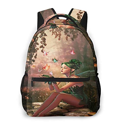 Multifunctional Casual Backpack,3d Computer Graphics Of A Fairy And Flying Butterflies,Adult Teens College Double Shoulder Pack Travel Sports Bag Computer Notebooks