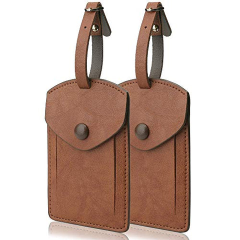 Kevancho Leather Luggage Tags for Men Women, Suitcase Labels Baggage Bag Tag ID Tags with Full Back Privacy Cover for Cruise Ships, Travel Accessories Tags Set of 2 PCS (Umber)