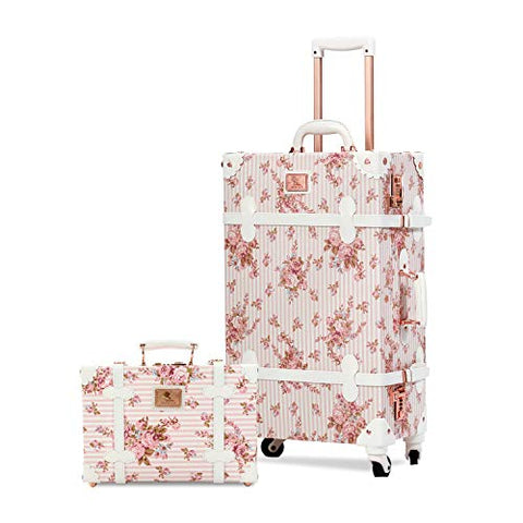 UNITravel Vintage Luggage Set, 3 Piece Retro Spinner Suitcase with Carry on Cosmetic Train Bag for Women (Embossed Pink, 26+20+12)