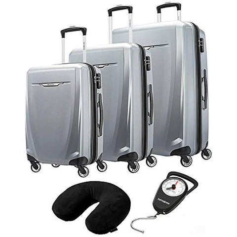 Samsonite 120751-1776 Winfield 3 DLX 3 Piece Set Spinner 20 Inch, 25 Inch, 28 Inch - Silver Bundle with Microbead Neck Pillow with Travel Pouch and Manual Luggage Scale