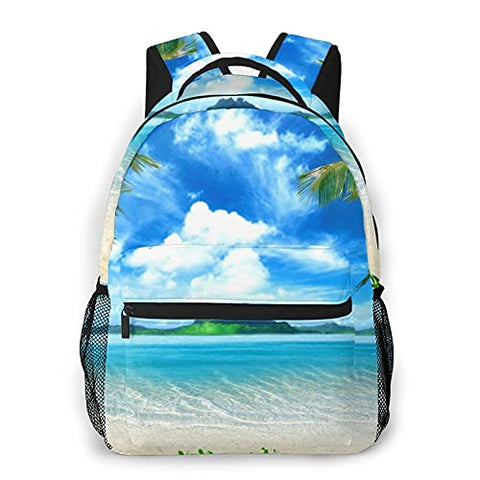 Double Shoulder Casual Backpack,Summer Beach Blue Ocean With Coconut Palm Tre,Lightweight Durable Rucksack Business Travel Sports Schoolbag Daypack for Men Women Adult Teens