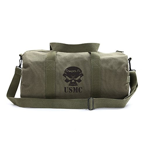 USMC Semper Fi Skull Marine Corp Sport Heavyweight Canvas Duffel Bag in Olive & Black, Large