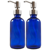 Cornucopia 8oz Cobalt Blue Glass Bottles w/Stainless Steel Pumps (2 pack), Boston Round Bottles for Essential Oils, Lotions and Liquid Soap