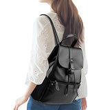 ABage Women's Leather Backpack Purse Lightweight Flap Drawstring School Backpack, Black
