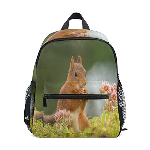 Toddler Backpack Red Squirrel With Flowers Mini Preschool Bag for Unisex Kids