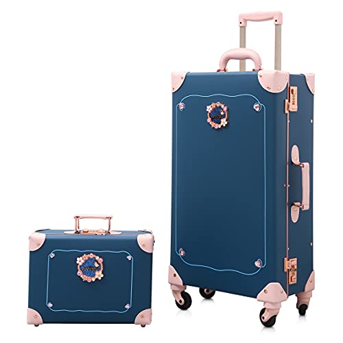 NZBZ Luxury Vintage Trunk Luggage Sets 2 Piece Cute Trolley Retro Suitcase for Women with 12 inch Cosmetic Train Case (Blue Fairy Tale, 24"+12")