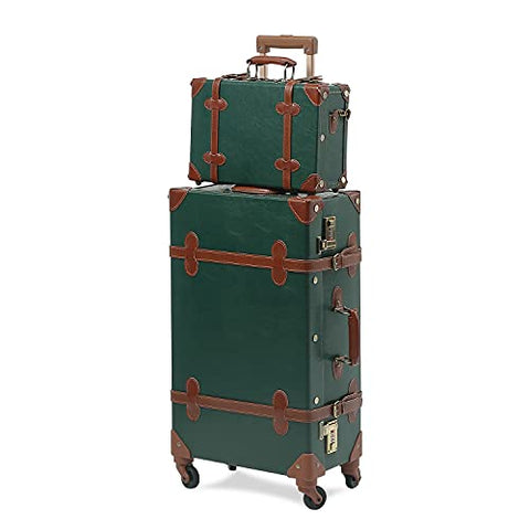 UNIWALKER Vintage Suitcase Set 24inch Women Spinner Luggage with 12inch Train Case (Dark Green)
