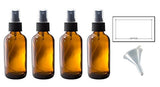 4 oz Amber Glass Boston Round Fine Mist Spray Bottle (4 Pack) + Funnel and Labels for Essential Oils, Aromatherapy, Food Grade, bpa Free
