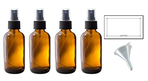 4 oz Amber Glass Boston Round Fine Mist Spray Bottle (4 Pack) + Funnel and Labels for Essential Oils, Aromatherapy, Food Grade, bpa Free