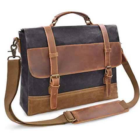 Mens Messenger Bag 15.6 Inch Waterproof Vintage Genuine Leather Waxed Canvas Briefcase Large Satchel Shoulder Bag Rugged Leather Computer Laptop Bag Grey