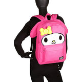 Loungefly school backpack featuring Sanrio's My Melody character. Cute extras include 3d ears and bow with embroidered details. Bag has a roomy front pocket, interior laptop pocket and a patterned lining. Exterior has a top handle, reinforced adjustable s