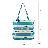 Beach Tote Bag Shoulder Bag with Zipper and Multi Pockets Water Resistant for Gym Beach Travel Shopping, Green Stripes Fish