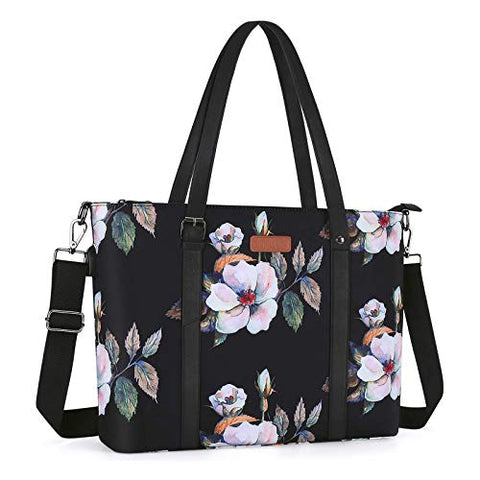 MOSISO USB Port Laptop Tote Bag (17-17.3 inch) with Adjustable Top Handle, Laptop Bag for Women, Durable Polyester Portable Lightweight Work Office Travel Shopping Shoulder Bag, Hibiscus Black
